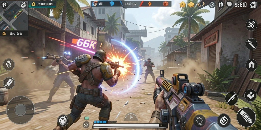 Screenshot gameplay 66K dengan aksi menegangkan di arena TPS.