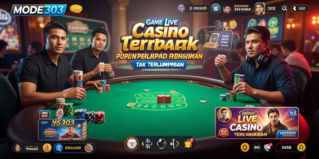 Screenshot gameplay Live Casino MODE303 menampilkan dealer dan meja permainan yang menarik.
