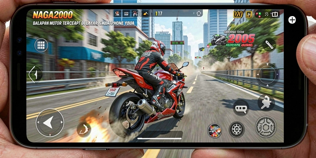 Screenshot gameplay NAGA2000 menampilkan aksi balapan motor yang menegangkan dan penuh warna.