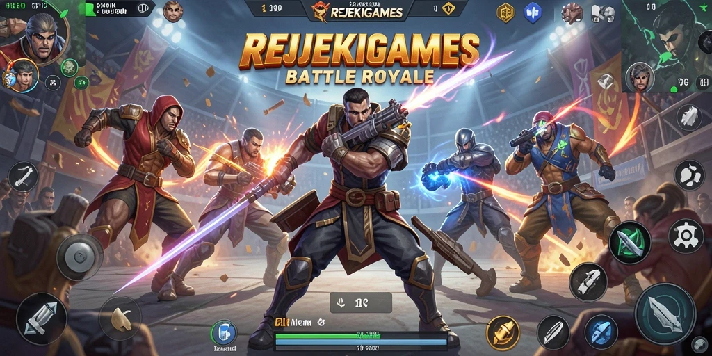 Screenshot utama REJEKIGAMES menampilkan aksi pertempuran Battle Royale yang intens.