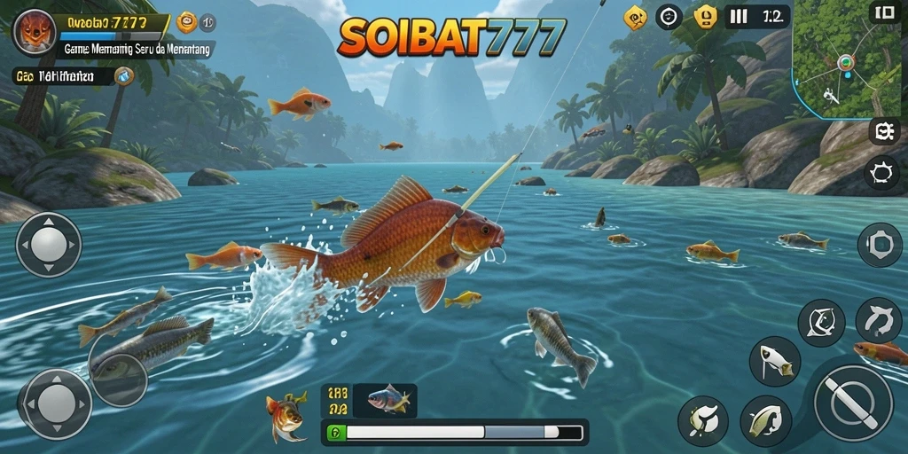 Screenshot menunjukkan pemain menangkap ikan besar di laut.